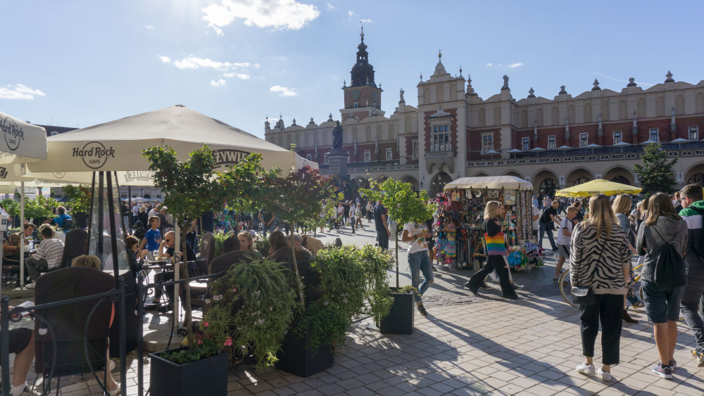 De levendige Grote Markt in Krakau