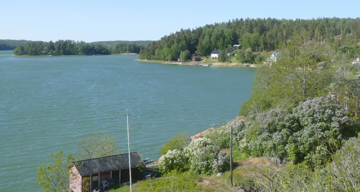 De kust bij Aland, met enkele huisjes